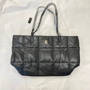 Victoria's Secret Quilted Tote Black Puffer Duffle Faux Leather Bag Weekender
